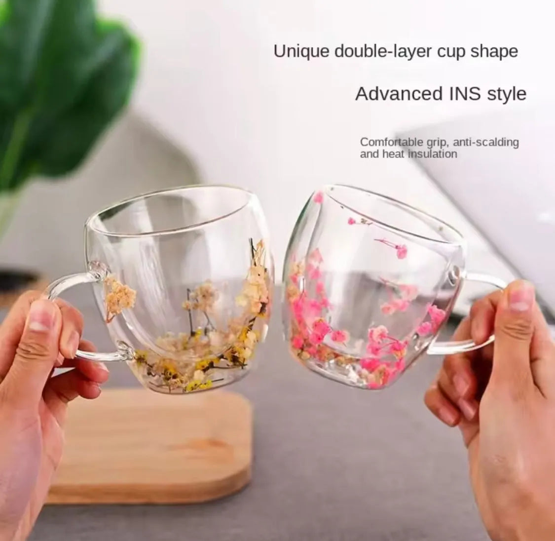 Double Wall Glass Flower Mug