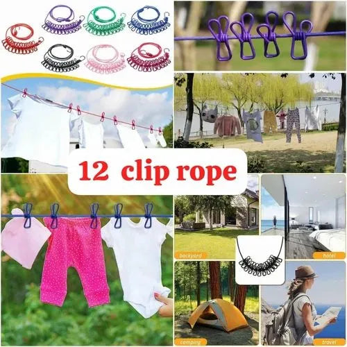 Elastic Clothesline with 12 Clips & 2 Hooks