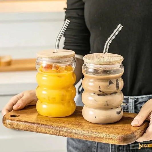 Round Juice Glass With wooden lid & Straw