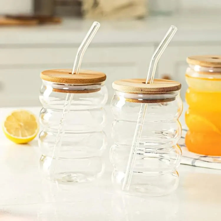 Round Juice Glass With wooden lid & Straw