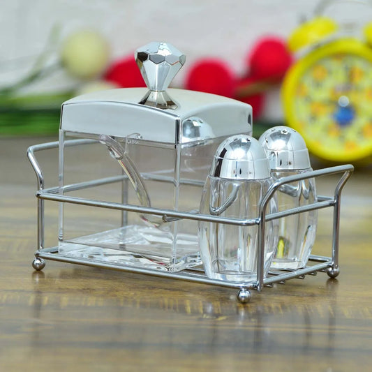 Sugar Pot & Pepper Cruet Set with Stand