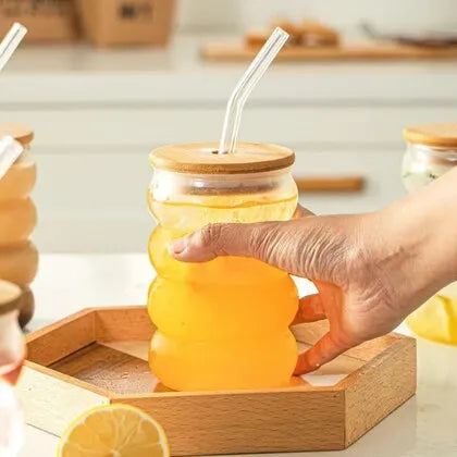 Round Juice Glass With wooden lid & Straw